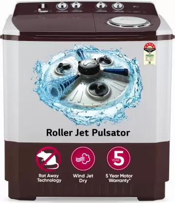 Open Box Unused LG 10 kg 5 Star with Roller Jet Pulsator with Soak Wind Jet Dry and Rat Away, 6.5 Kg Spin Tub Capacity Semi Automatic Top Load Washing Machine Maroon White P1050SRAZ