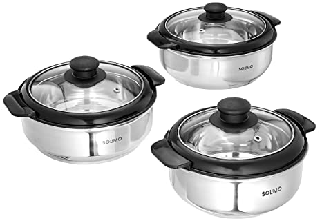 Amazon Brand Solimo Stainless Steel Casserole with Glass Lid Set of 3