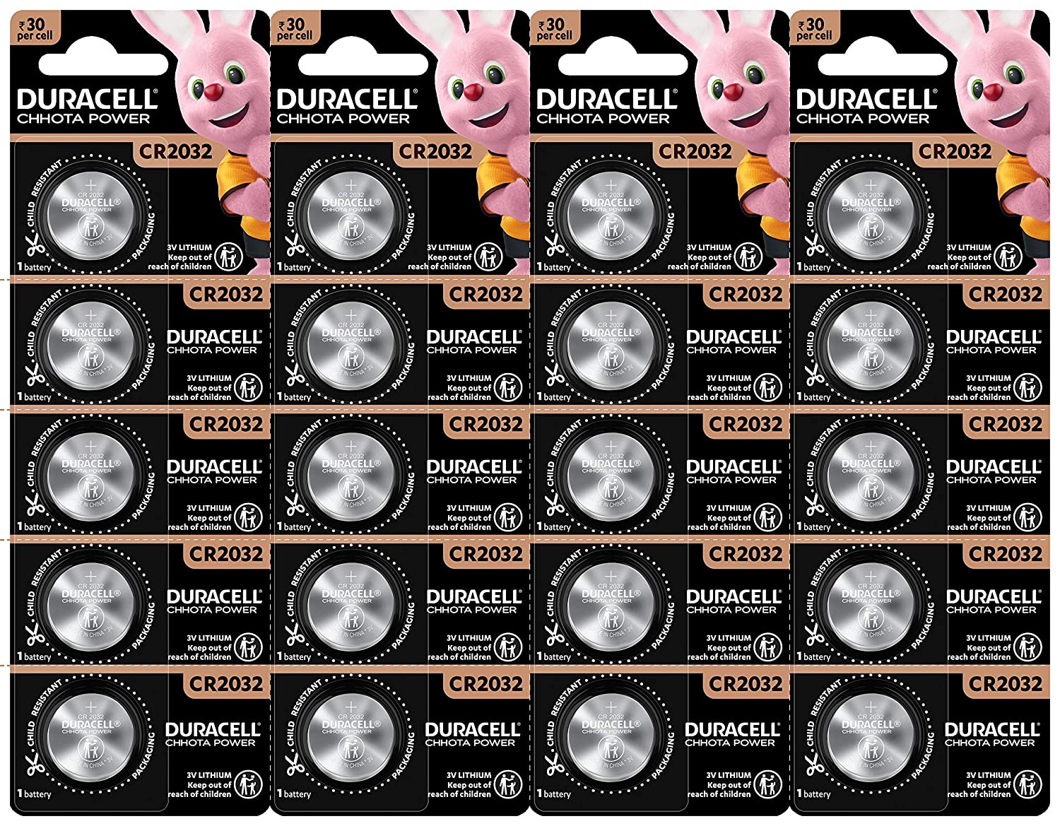 Duracell Lithium Coin 2032 Batteries 3V (Pack of 4) - Total 20 Cell