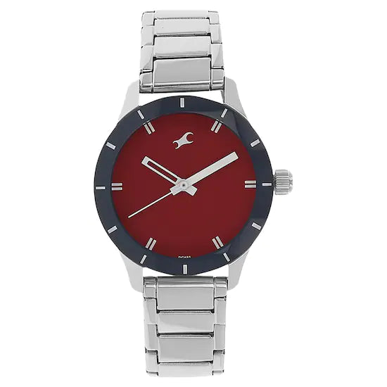 Fastrack Red Dial Silver Stainless Steel Strap Watch NN6078SM05 For Girls