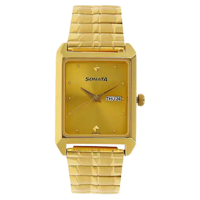 Sonata Champagne Dial Golden Stainless Steel Strap Watch NP7007YM05