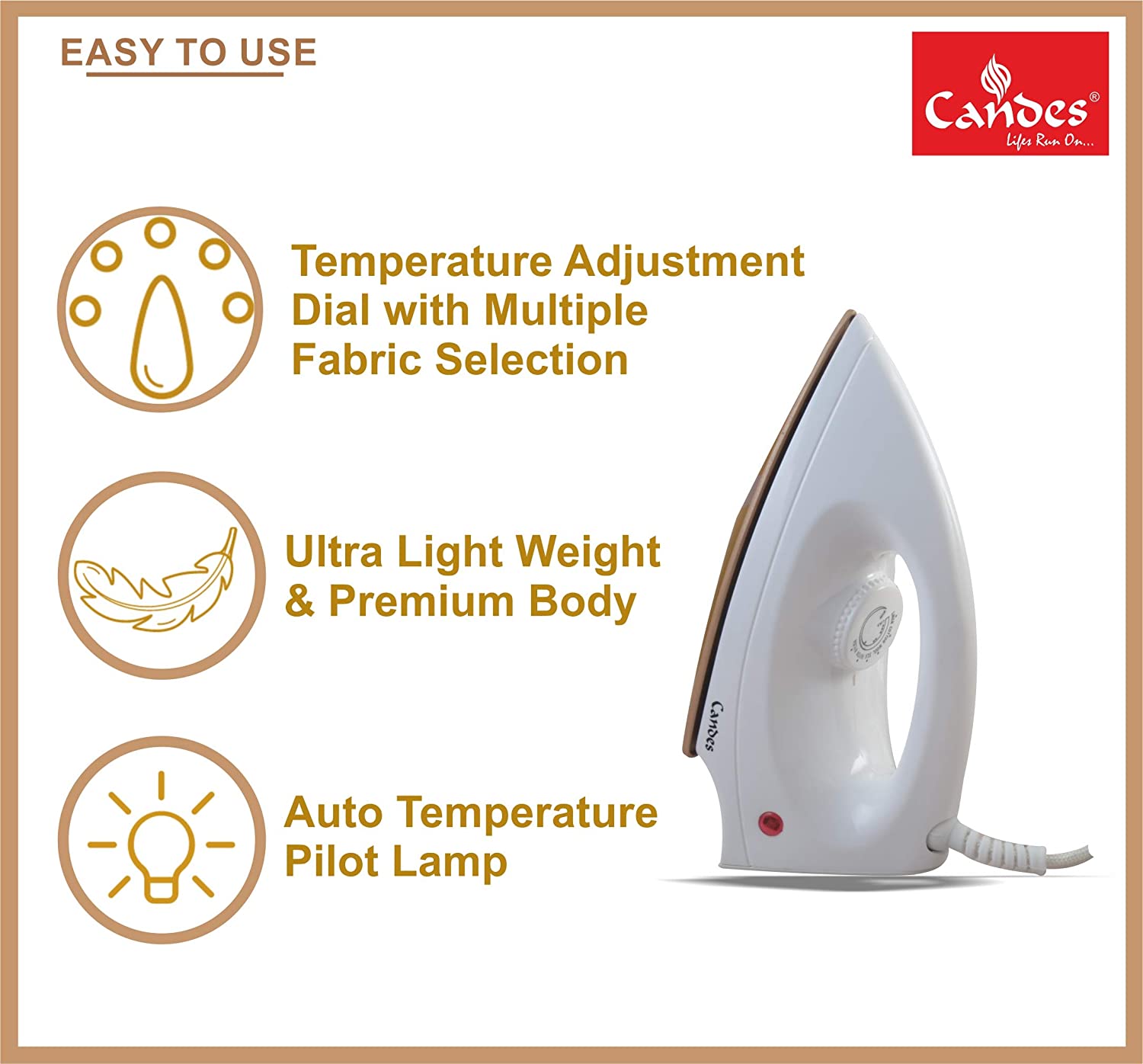 Candes Light Weight Electric Dry Iron White 100% Non Stick Teflon Coating