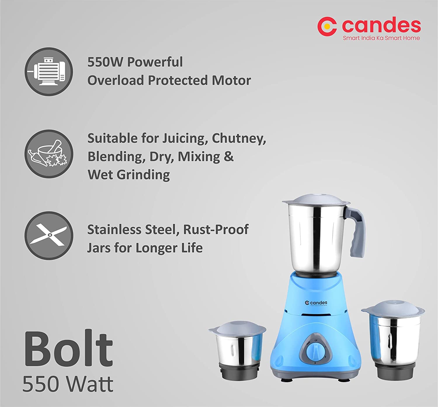 Candes Bolt 550-Watt Mixer Grinder with 3 Jars