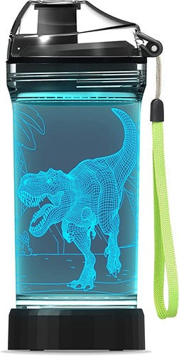 Lightzz Kids Water Bottle with 3D Glowing Dinosaur LED Light - 14 OZ Tritan BPA Free