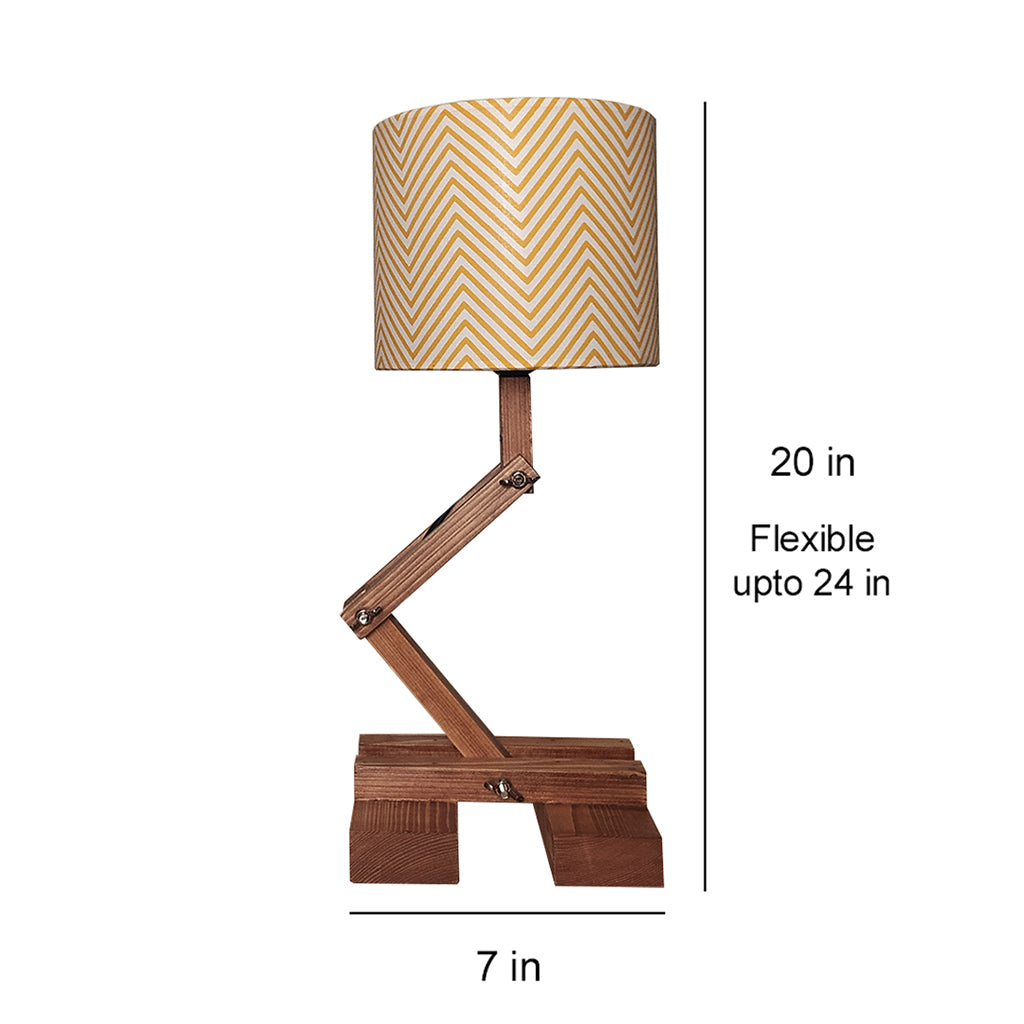 Flex Brown Wooden Table Lamp with Yellow Printed Fabric Lampshade