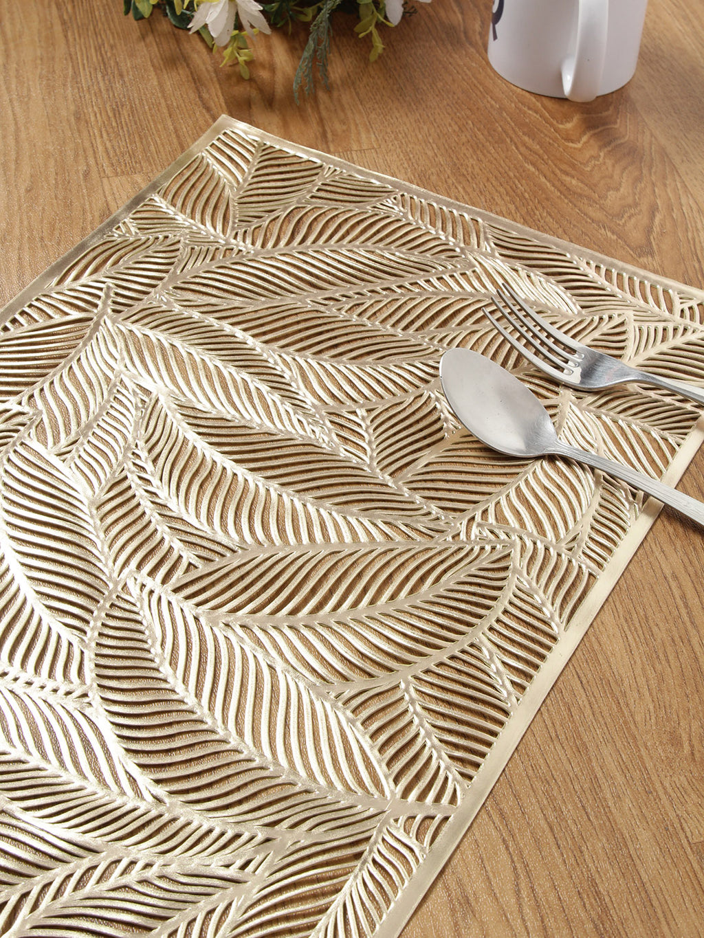 Detec™ Hosta Modern Leaf Design Leatherite Rectangular Table Place Mats in Gold Color