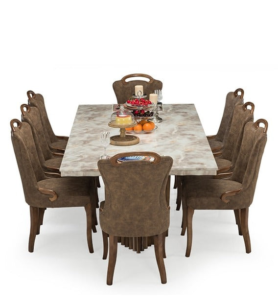 Detec™ 8 Seater Marble Top Dining Set in Brown Colour