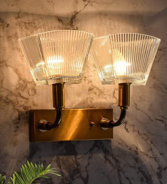 Detec Carbon Loft Brass Luxur Cut Glass Double Shade Wall Light