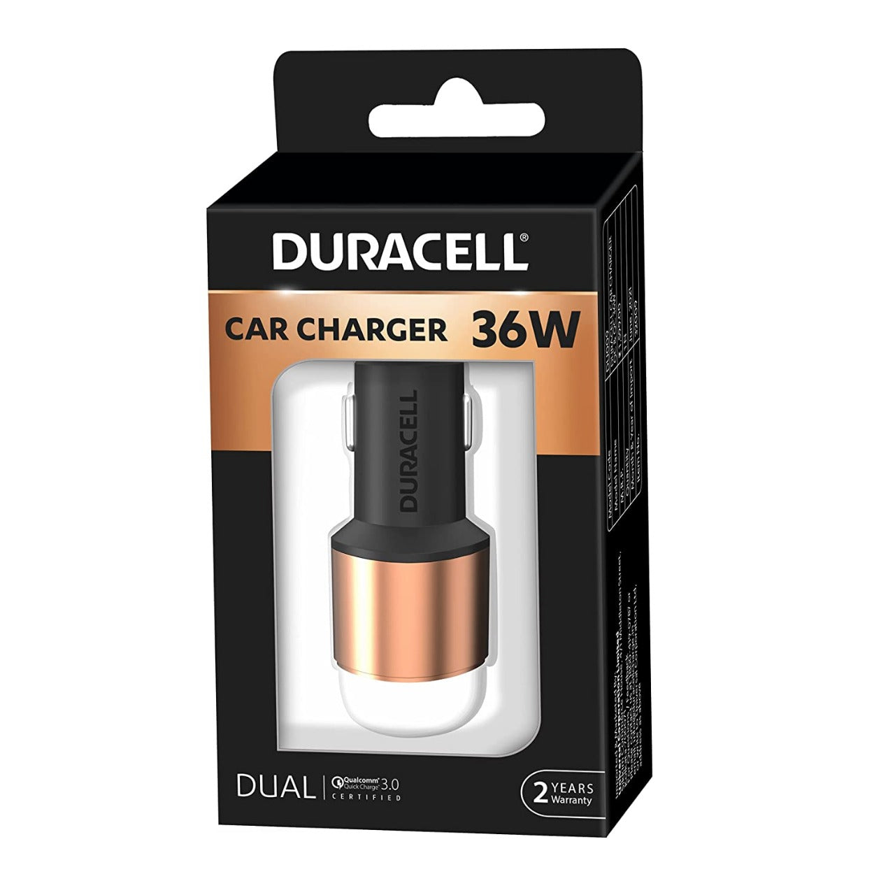 Duracell 36W Qualcomm Certified Dual Port QC3.0, Quick Charge Dual USB Car Charger for Mobile,