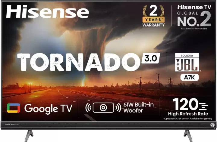 Open Box Unused Hisense Tornado 139 cm (55 inch) Ultra HD (4K) LED Smart Google TV with Built-in JBL Soundbar, 25W Subwoofer and 120 High Refresh Rate Mode 55A7K
