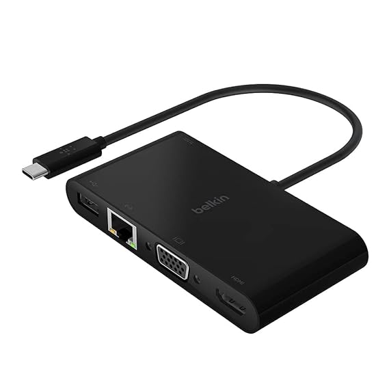 Open Box Unused Belkin USB-C Multimedia + Charge Adapter 100W with Tethered USB-C Cable Interface Hub with USB-A 3.2 Gen Port, Ethernet Port
