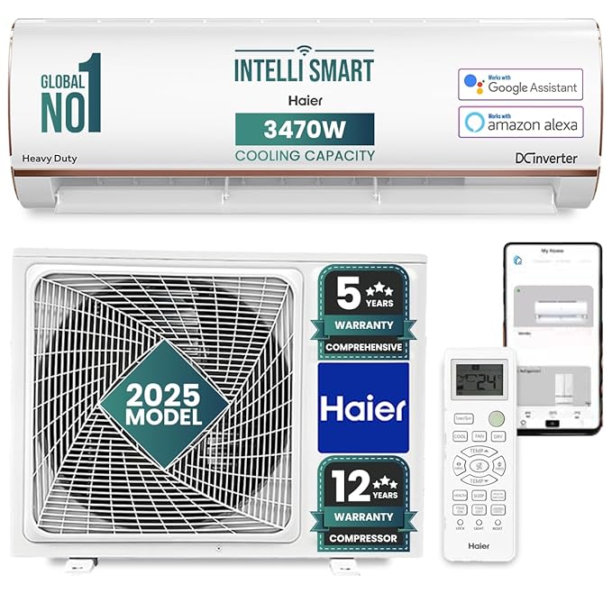 Open Box, Unused Haier 1 Ton 4 Star Smart Split AC 3470W, Copper, Wi-Fi, 4-Way Swing, 7 in 1 Convertible, Anti Bacterial Filter, Cools at 60°C Temp, 20 Mtr. Air Throw HSU13K-PYFR4BN-INV, 2025 Model White