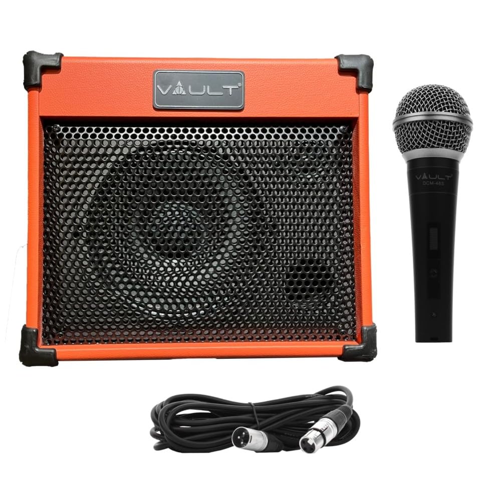 Vault Nomad 20 Twenty Watt Acoustic Guitar Two Channel Amplifier with Vault DCM-48S Dynamic Cardioid Microphone with Switch and XLR Cable