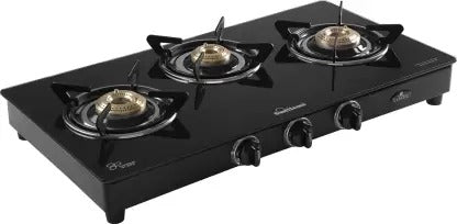 Open Box, Unused Sunflame Classic BK Glass Manual Gas Stove 3 Burners