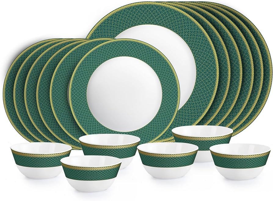 Open Box, Unused Cello Pack of 18 Opalware Solitaire Series Emerald Extra Strong Light Weight Dishwasher Safe Dinner Set Green