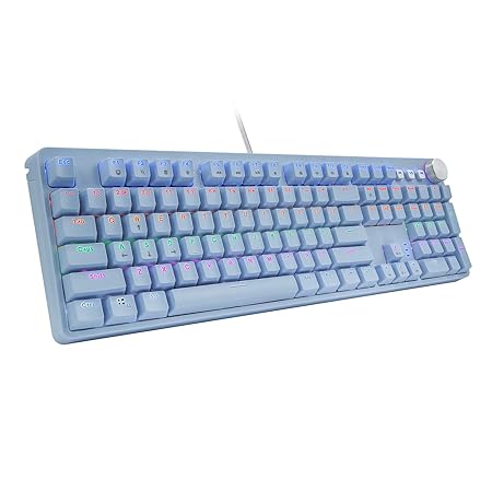 Open Box Unused HUO JI Mechanical Gaming Keyboard, USB Wired with Red Switches, Rainbow LED Backlit, 108 Keys for PC, Blue