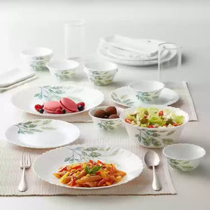 Open Box, Unused Larah by Borosil Pack of 44 Opalware Fauna Galaxy Dinner Set  White Green