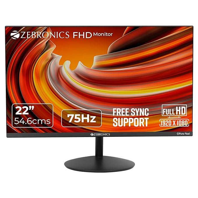 Open Box Unused Zebronics 22 inch 75Hz Monitor with FHD 1080p, Free sync Support, HDMI, VGA, 250 Nits max, 16.7M Colors, Built-in Speakers and Slim Bezel Less Design ZEB-S22A