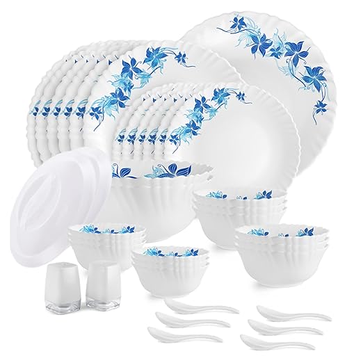 Open Box, Unused Cello Pack of 37 Opalware Dazzle Blue Swirl 37 Pcs Dinner Set/Scratch Resistant/ Light Weight/ Smooth Surface Dinner Set  White Blue