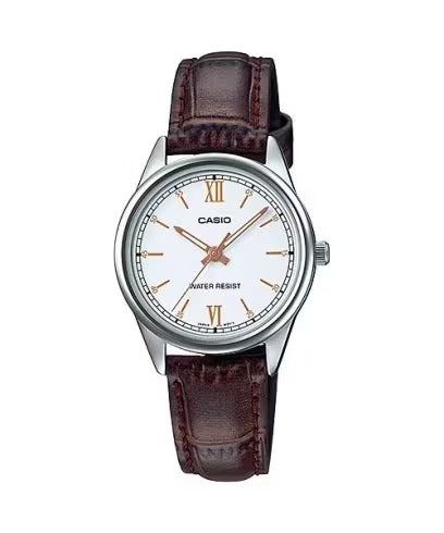 Casio Enticer Women's Standard Analog Brown Leather Band White Dial Watch A1682 LTP-V005L-7B3UDF