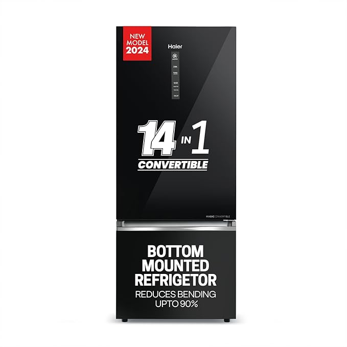 Open Box, Unused Haier 445 L, 2 Star, Convertible 14-in-1 Triple Inverter & Fan Motor Technology, with Display Frost Free Double Door Refrigerator HRB-4952CKG-P, Black Glass