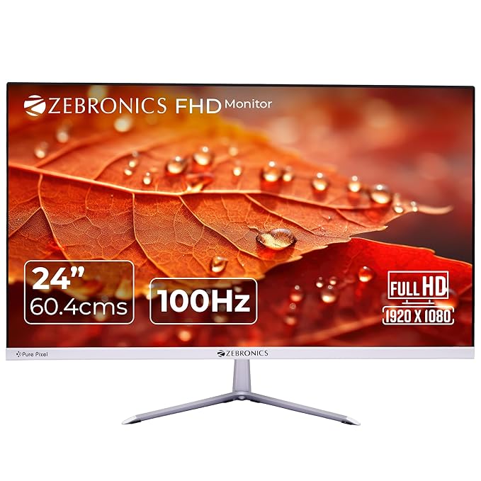 Open Box, Unused Zebronics EA124 LED Monitor, 24 inch (60.4cm), 250 nits, 100Hz, FHD, 1920x1080, HDMI, VGA, Ultra Slim Bezel