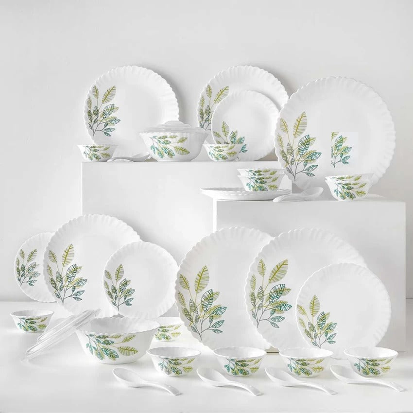 Open Box, Unused Larah by Borosil Pack of 34 Opalware Galaxy Fauna Crockey Set for Dining & Gifting Plate & Bowl Dinner Set White Gree