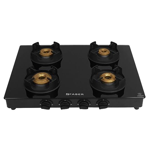 Open Box, Unused Faber Gas Stove 4 Burner Glass Cooktop Onyx 4BB BK Manual Ignition Black