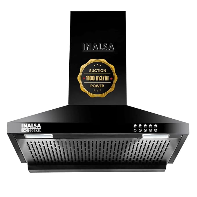 Open Box, Unused Inalsa EKON 60BK 1050 m³/hr | Efficient Dual LED Lamps & Double Baffle Filter Wall Mounted Black 1050 CMH Chimney