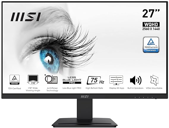 Open Box, Unused MSI Pro Mp273Qv 27 Inch Wqhd 2560 X 1440 Professional Business LCD Monitor, 75Hz Refresh Rate