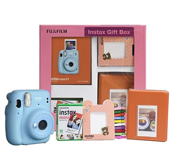 Used Fujifilm Instax Mini 11 Instant Camera Sky Blue Gift Box with 10 Shots