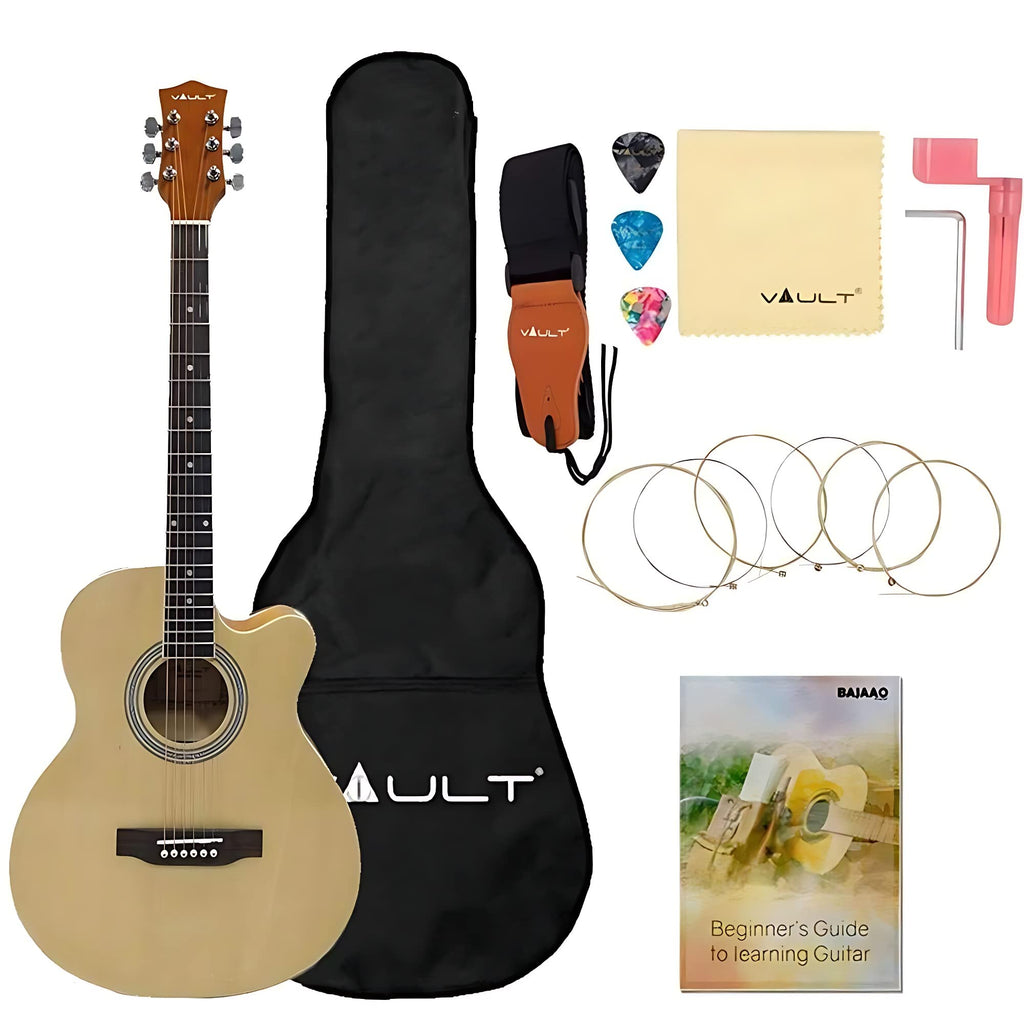 Vault EA20 Guitar Kit with Learn to Play Ebook, Bag, Strings, Straps, Picks, String winder & Polishing Cloth - 40 inch Cutaway Acoustic Guitar