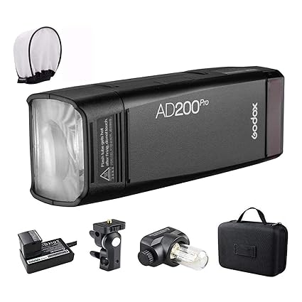 Used Godox AD200Pro AD200 Pro with PERGEAR Diffuser, 200Ws 2.4G Flash Strobe, 1/8000 HSS, 500 Full Power Flashes