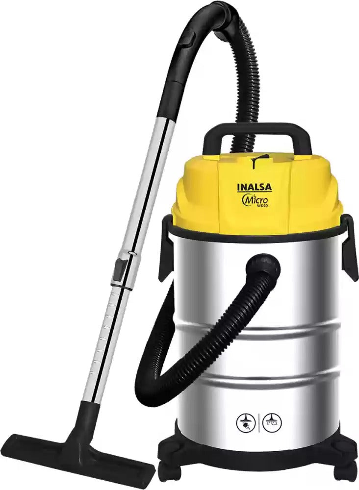 Open Box Unused Inalsa Micro WD20 with 3 in 1 Multifunction Wet/Dry/Blowing 19KPA Suction Wet & Dry Vacuum Cleaner Silver/Yellow