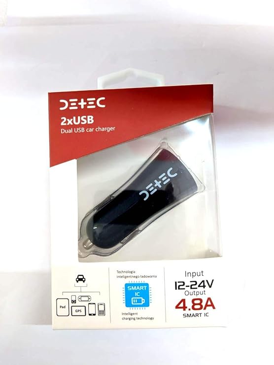 Detec 4.8 A, 24 W Dual USB Fast Car Charger with Device Detection and Safety Features Plug into Lighter Socket Black