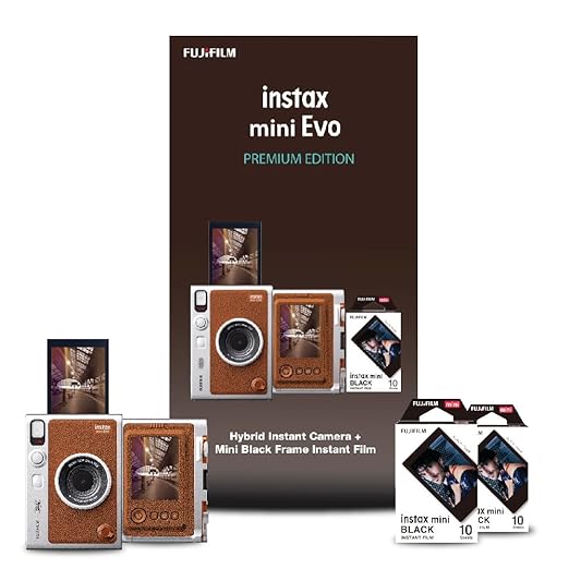 Open Box, Unused Fujifilm Instax Mini Evo Hybrid Camera Premium Edition with 20 Shots of Instax Mini Black Film and 100 Different Expressions Brown