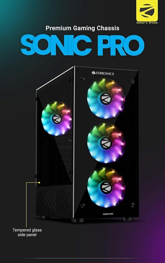 Open Box Unused Zebronics Zeb-Sonic PRO Premium Gaming Cabinet Comes with Tempered Glass Front & Side Panel,120mm Rear & Front RGB LED Fan