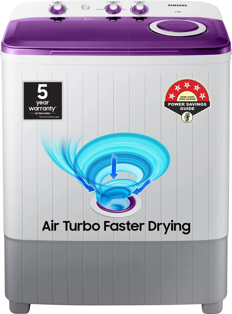 Open Box, Unused Samsung 6 kg 5 star,Air Turbo Drying Semi Automatic Top Load Washing Machine White Grey Purple WT60R2000LL/TL