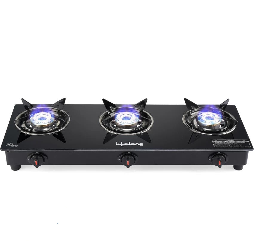 Open Box,Unused Lifelong LLGS930 Glass Top 3 Burner ISI Certified,1 Year Warranty with Doorstep Service Glass Manual Gas Stove