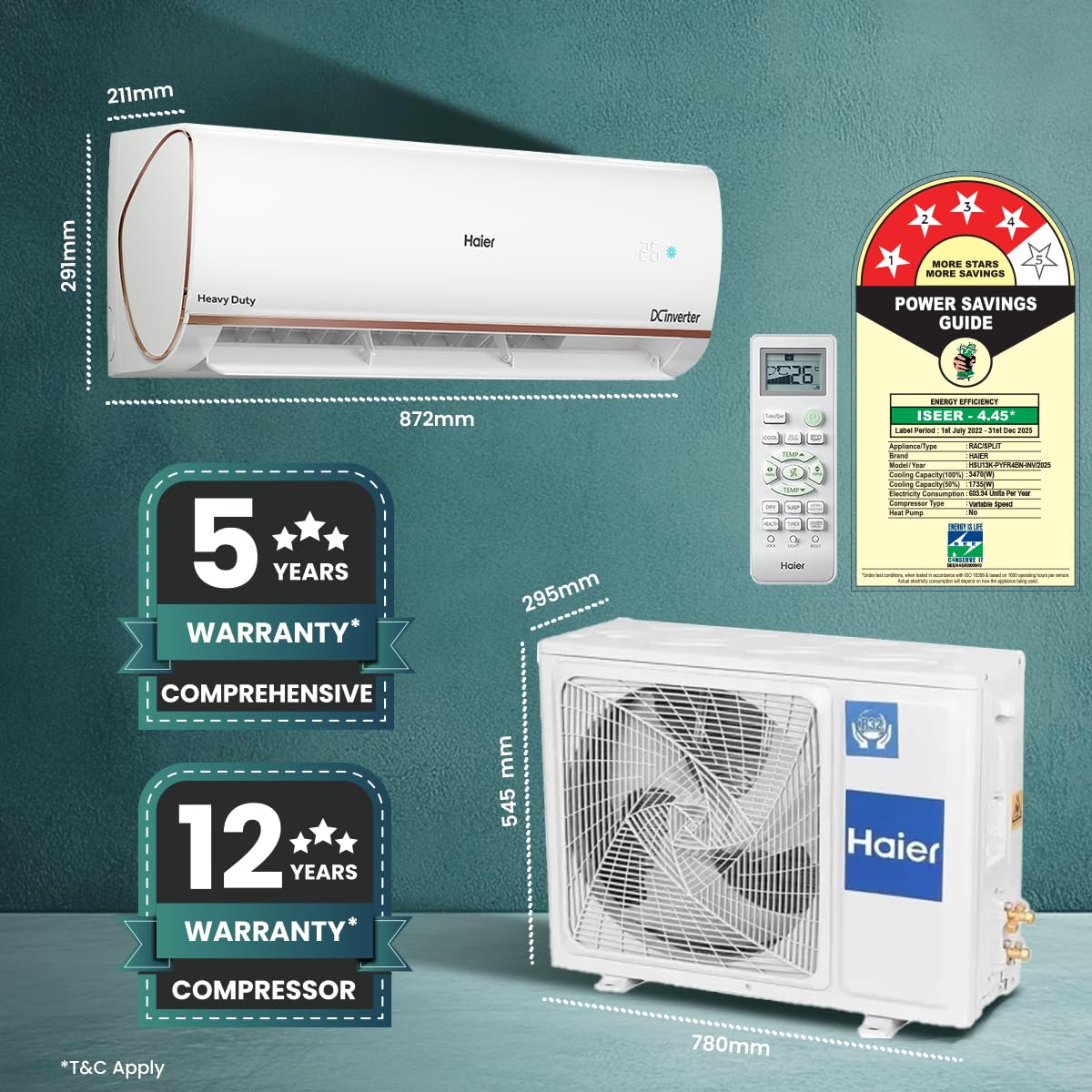 Open Box, Unused Haier 1 Ton 4 Star Smart Split AC 3470W, Copper, Wi-Fi, 4-Way Swing, 7 in 1 Convertible, Anti Bacterial Filter, Cools at 60°C Temp, 20 Mtr. Air Throw HSU13K-PYFR4BN-INV, 2025 Model White