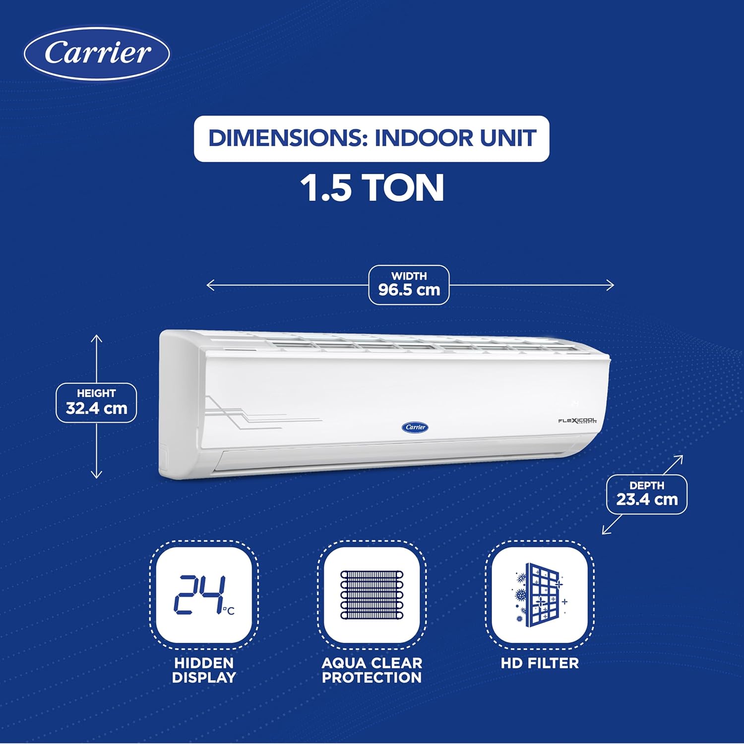Open Box, Unused Carrier 1.5 Ton 5 Star AI Flexicool Inverter Split AC Copper Convertible 6-in-1 Cooling,Dual Filtration with HD & PM 2.5 Filter, Auto Cleanser, 2024 Model,ESTER PRO Exi CAI18ES5R34F1 White