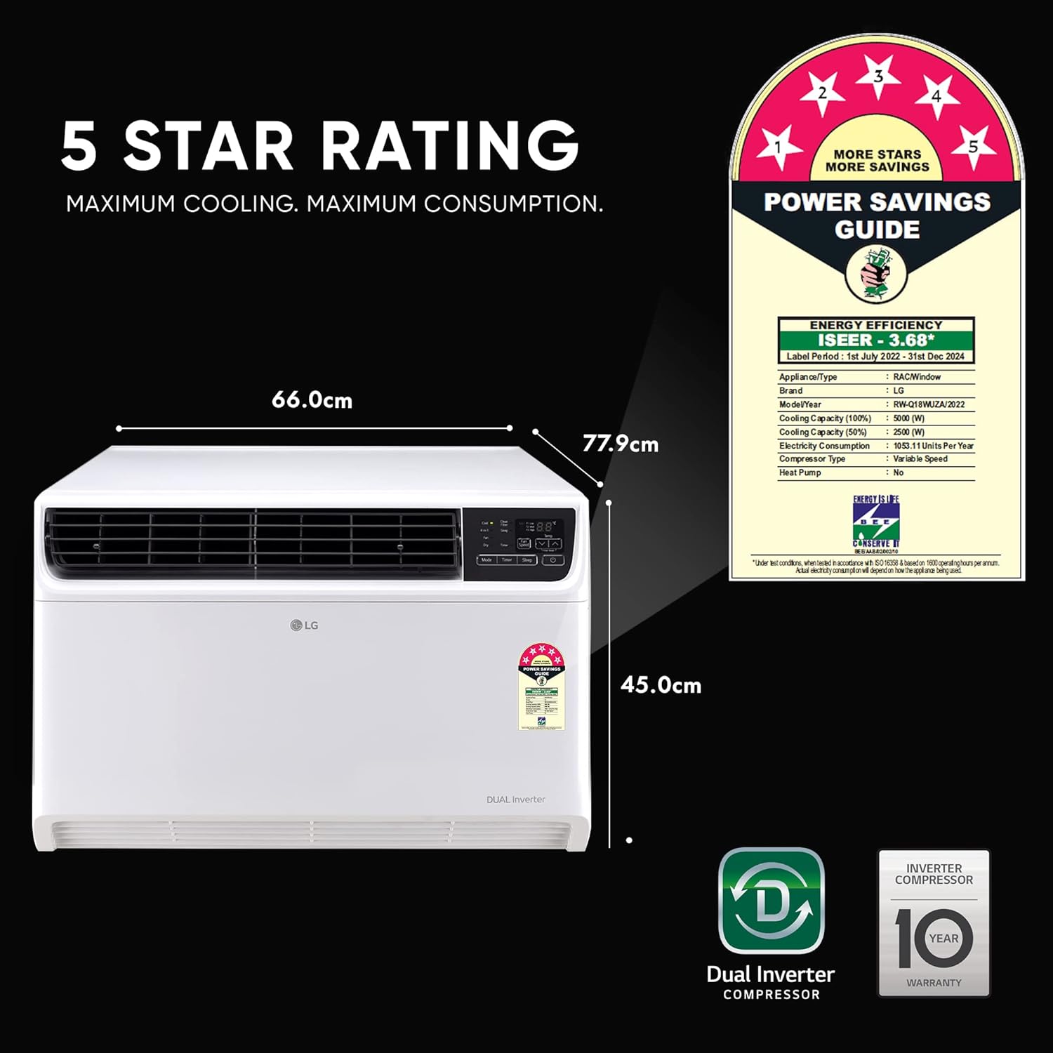 Open Box, Unused LG 1.5 Ton 5 Star DUAL Inverter Window AC Copper, Convertible 4-in-1 Cooling, RW-Q18WUZA, 2023 Model, HD Filter with Anti-Virus Protection, White