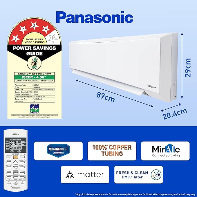 Open Box, Unused Panasonic 1 Ton 4 Star Wi-Fi Inverter Smart Split AC Copper Condenser, 7 in 1 Convertible with True AI Mode, 4 Way Swing, PM 0.1 Air Purification Filter CS/CU-NU12ZKY4W, White