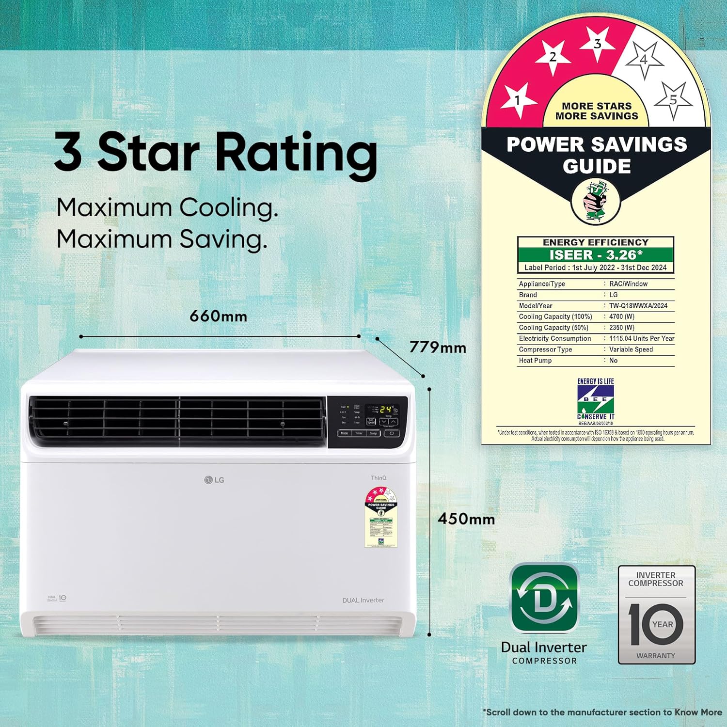Open Box, Unused LG 1.5 Ton 3 Star Wi-Fi DUAL Inverter Window AC Copper, Convertible 4-in-1 cooling, 4 Way Air Swing, HD Filter, 2024 Model, TW-Q18WWXA, White