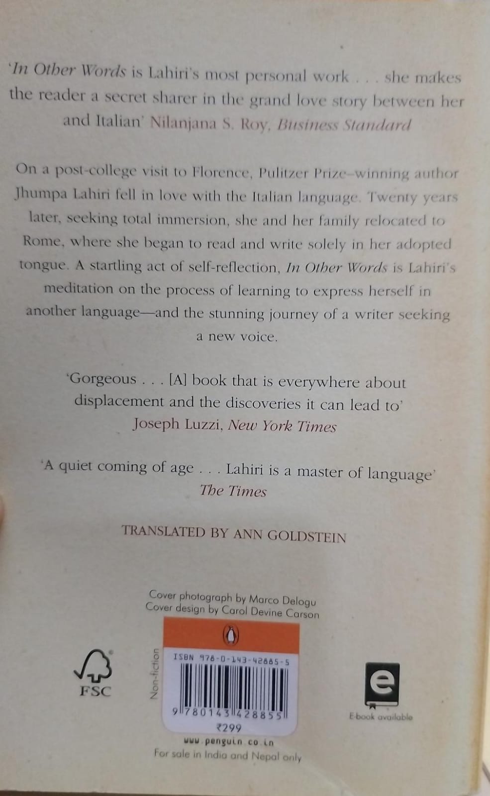 (Used) In Other Words - Jhumpa Lahiri (Papercover)