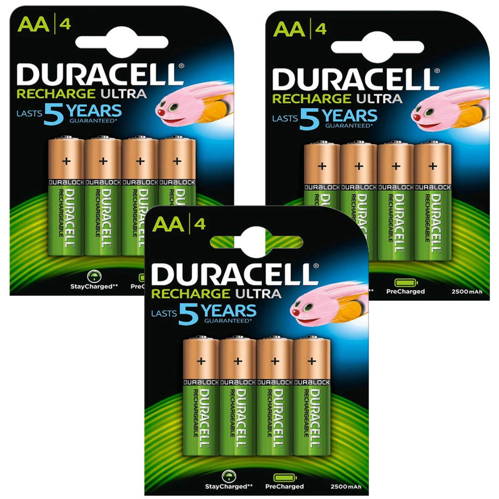 ड्यूरासेल AA 2500Mah रिचार्ज अल्ट्रा रिचार्जेबल बैटरी प्री चार्ज (3 का पैक) - कुल 12 सेल
