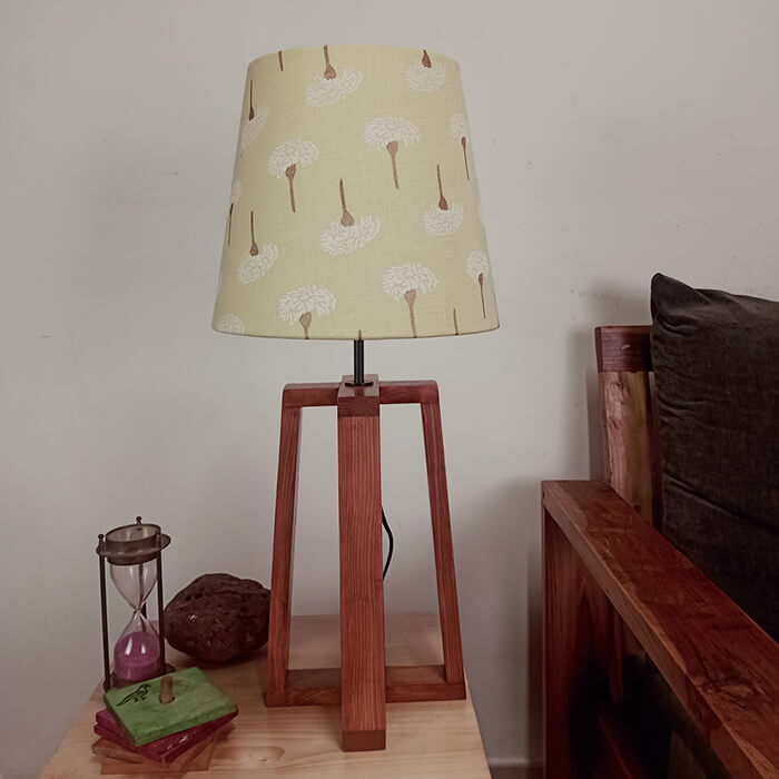 Blender Brown Wooden Table Lamp with Yellow Printed Fabric Lampshade