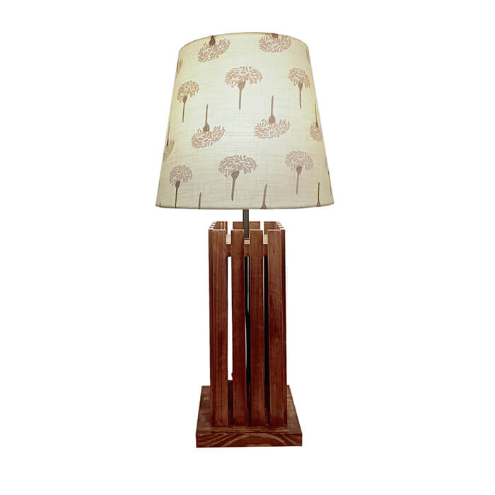 Elegant Brown Wooden Table Lamp with Yellow Printed Fabric Lampshade