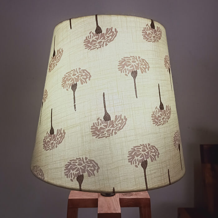 Blender Brown Wooden Table Lamp with Yellow Printed Fabric Lampshade