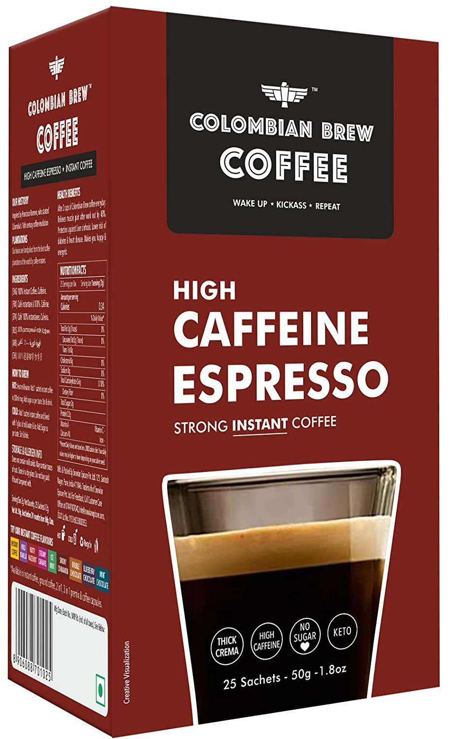 कोलम्बियाई ब्रू हाई कैफीन एस्प्रेसो इंस्टेंट कॉफी पाउडर, मजबूत, 50 ग्राम (2 का पैक)